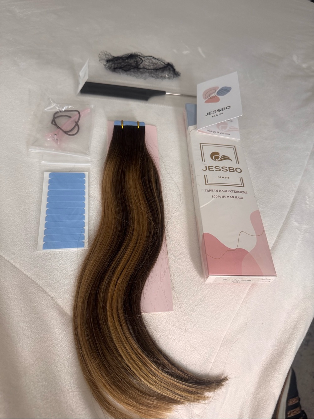 Jessbo Tape-In Human Hair Extensions - Dark Brown with Caramel Highlights - Picture 5 of 11